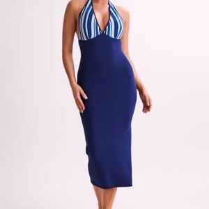 Meshki Navy Halter Midi Dress with Striped Bust